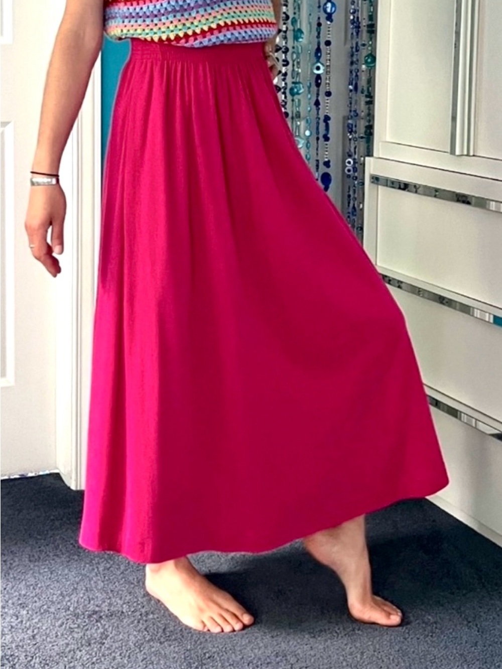 🇨🇦 Vintage Fuchsia Pink Cotton Midi-Maxi Skirt•Elastic Waist •Quiet Luxury Ports